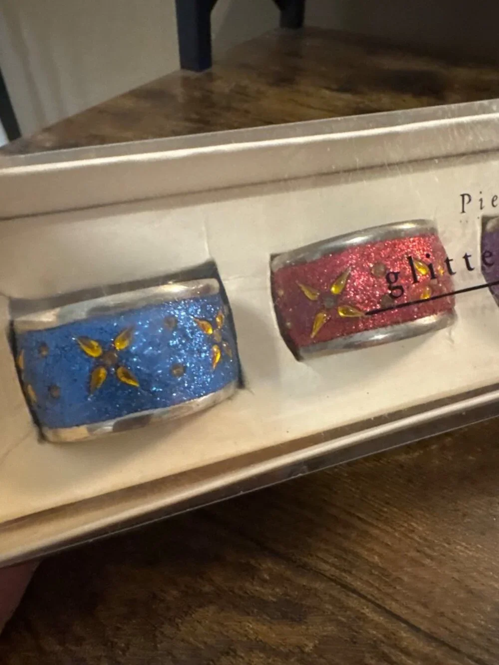 4 Pier 1 Glitter Napkin Rings NEW Nickel-plated Christmas